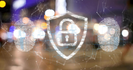Showing glowing shield over street at night, featuring padlock fingerprints 3D cubes network links....