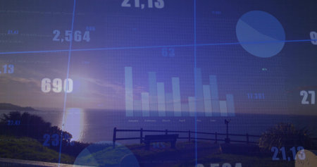 Overlaying wooden bench and railing at seaside dusk, with bar and pie charts, numbers and gridlines. Seascape, data visualization, sunset, digital interface, natural landscape, futuristic, calmの写真素材