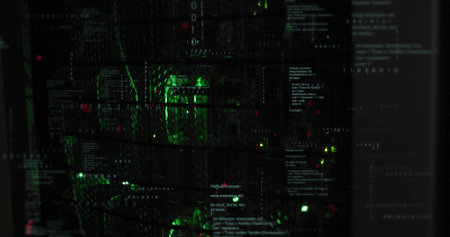 Illuminating server rack in data center, revealing LED indicators and floating code overlays....