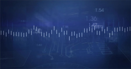 Displaying central white bar waveform on blue screen, with numeric data and circuit traces....