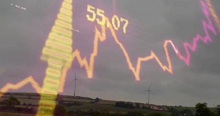 Displaying neon chart floating over farmland, with wind turbines, bar-and-line graph, readout 55.07....