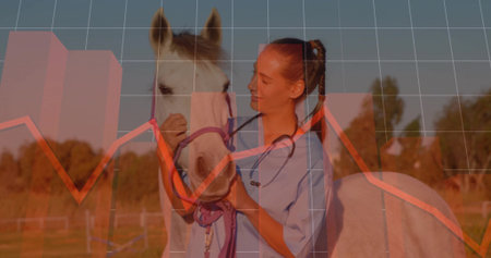 Petting horse muzzle, vet in scrubs with stethoscope in pasture, with horse halter and wooden fence. Veterinarian, equine, ranch, outdoor, natural, caring, pastoralの写真素材