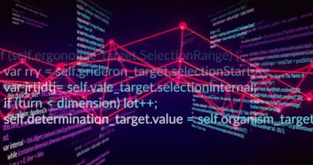 Displaying glowing magenta network graph forming 3D data flow in data space, with code panels....