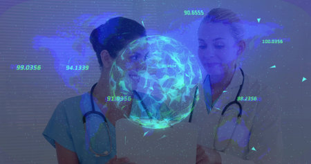 Reviewing scrub nurse and lab coat doctor analyzing tablet data in exam room with holographic globe....