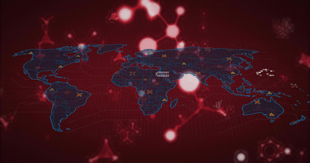 Showing blue wireframe world map on red UI, with network and molecular motifs, warning symbols. Digital, connectivity, cyber, futuristic, data, technology, networkの写真素材