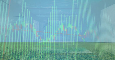 Displaying bar chart, line graph over farmland under clear sky, with wind turbines and green crops. Agriculture, renewable energy, technology, data visualization, sustainability, outdoor, ecoの写真素材