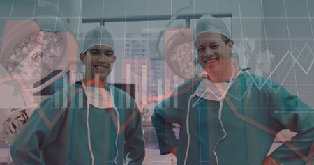 Two male surgeons standing in scrubs under overhead lights by OR windows, with data overlays. Medical, teamwork, professional, healthcare, modern, dedication, precisionの写真素材