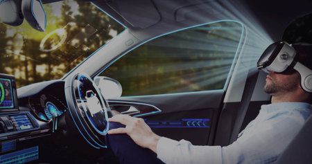 Testing driver wearing white long sleeve shirt, VR headset using holographic UI in car, copy space. Futuristic, innovation, technology, digital, automotive, virtual reality, engineeringの写真素材
