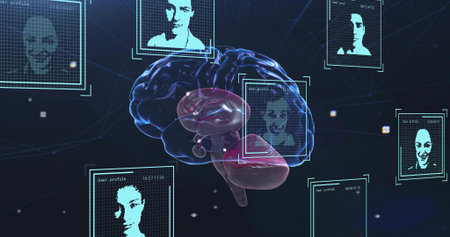 Floating 3D brain model forming connections to user profiles in virtual space, with network grid....