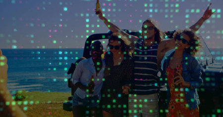 Raising beverage bottles five friends wearing sunglasses on grassy beach strip, with parked SUV. Vacation, leisure, outdoor, adventure, lifestyle, summer, panoramaの写真素材