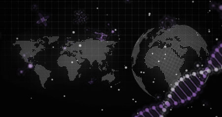 White dotted globe rotating in virtual data interface, with purple DNA helix and grid overlay....