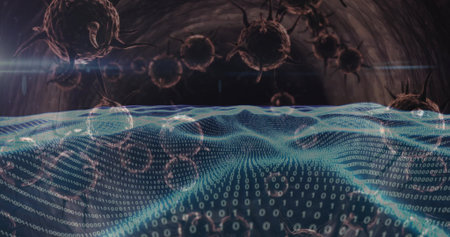 Hovering dark spiky spheres drifting above binary code mesh in 3D tunnel, digital science theme. Cyber, futuristic, abstract, technology, visualization, digital, biotechの写真素材