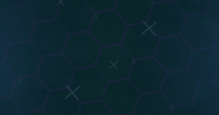 Displaying hexagonal grid on dark backdrop showing aqua and lavender cross marks. Abstract,...