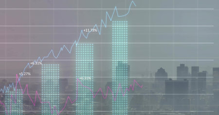 Showing translucent chart overlay rising over city skyline under haze, with teal bars and lines....