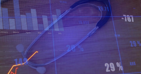 Showing stethoscope snaking across wood desk, with bar chart, line graph, percent, numeric overlays. Medical, analytics, data visualization, healthcare, professionalism, modern design, quantitativeの写真素材