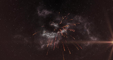 Illuminating fireworks explosion arching golden spark trails in night sky, smoke clouds, lens flare....