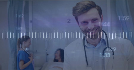 Smiling doctor wearing stethoscope consulting patient on privacy-curtained bed, waveform overlay....