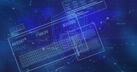 Displaying translucent keyboard blueprint over network map, with data panels, nodes and code window....