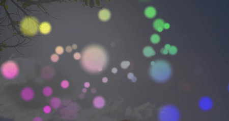 Drifting translucent light orbs floating across grey sky, with bare tree branches. Abstract,...