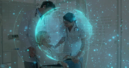 Hovering digital holographic globe projecting patient data in consultation room, glowing particles. Medical, healthcare, technology, innovation, diagnosis, professionalism, clinicalの写真素材