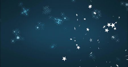 Displaying white star shapes drifting on blue backdrop, with network motifs and specks, copy space. Abstract, digital, futuristic, technology, cosmic, network, scienceの写真素材