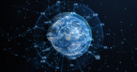 Projecting digital globe floating in cyberspace, with network nodes data lines and numeric overlays....