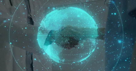 Hovering holographic globe rotating in office, showing lab coat and suit shaking hands. Futuristic, collaboration, technology, innovation, networking, corporate, data visualizationの写真素材