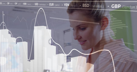 Businesswoman analyzing financial charts at office desk, with USD and EUR symbols, copy space....
