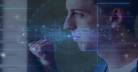 Interacting technician wearing uniform manipulating holographic panels in lab, with radial scales....