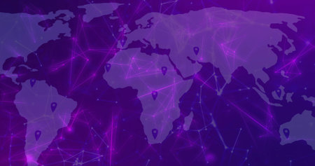 Displaying central world map overlaying neon network in digital design, with data nodes, pin icons. Geometric, futuristic, cyber, technological, digitalart, infographics, connectivityの写真素材