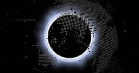 Rotating glowing ring of light floating in digital interface, with pixel map and code snippet. Futuristic, technology, abstract, digital, cybernetic, innovation, data visualizationの写真素材