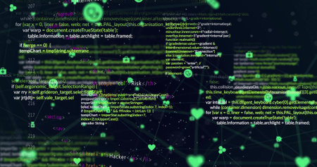 Presenting dark digital interface showing numbered code blocks, with neon-green holographic icons....