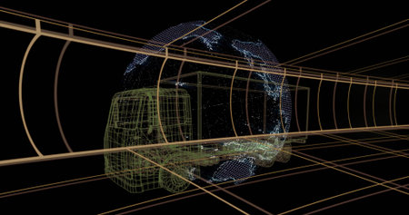 Showcasing wireframe delivery truck model in virtual neon grid tunnel, with dotted Earth globe....