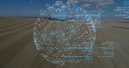 Projecting holographic data sphere hovering above stubble rows at farm, with glowing code network....