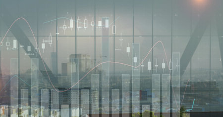Streaming chart overlay through windows in office city skyline with candlestick bars red teal lines. Urban, financial, data, modern, skyline, investment, analyticsの写真素材