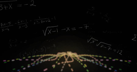 Floating multicolored dotted lines converging toward horizon in void, with glowing chalk equations....