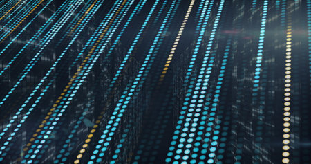 Streaming vertical columns forming data matrix in reflective digital scene, with light point grid. Futuristic, digital, abstract, neon, high-tech, visualization, innovativeの写真素材