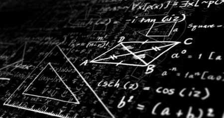 Displaying chalk equations and diagrams covering chalkboard wall, with geometric shape outlines. Educational, academic, science, geometric, mathematics, instruction, creativeの写真素材