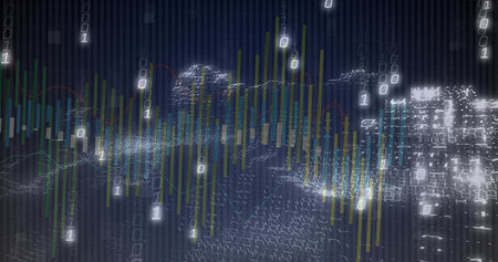 Showing 3D data visualization in digital space with bars, mesh, trend lines, floating binary digits....