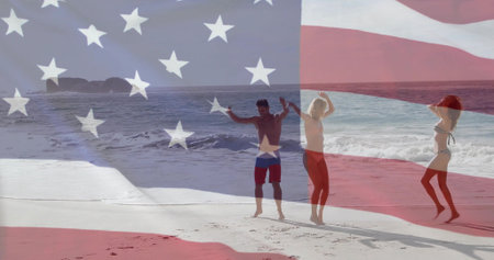 Dancing beachgoers in swimwear splashing on sunny shoreline, with transparent American flag overlay. Carefree, celebration, summer, vibrant, coastal, recreational, youthfulの写真素材