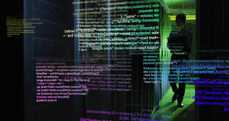 Walking Asian IT engineer navigating data center aisle blinking LEDs projecting code, copy space....