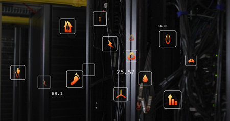 Showing server rack displaying patch cables and cable arms in data center, with icon overlays....