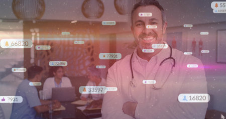 Starting with blue gradient and drifting waveforms, badges floating pulsing to visualize growthの写真素材