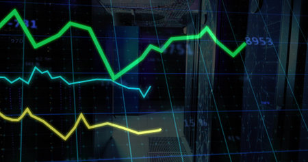 Showing 3 line graphs sweeping across data center with racks, cables, vents, digital grid overlay....