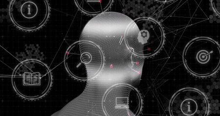 Displaying dot-matrix head floating in grid network with circular interface icons and hexagons. Futuristic, technology, digital, connectivity, interface, innovation, virtualの写真素材