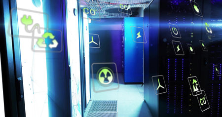 Glowing central server rack unit humming in data center aisle, with floating renewable energy icons....