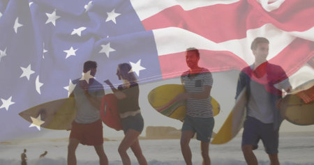Walking six friends in swimwear carrying surfboards on beach, with waves and American flag overlay....
