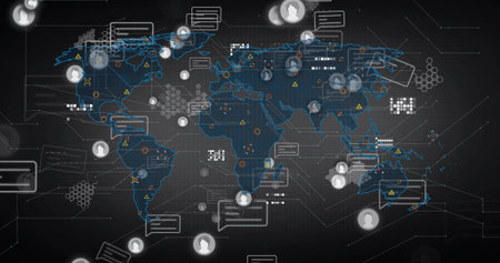 Showing network map interface on dark grid featuring user icons, chat bubbles and connecting lines....