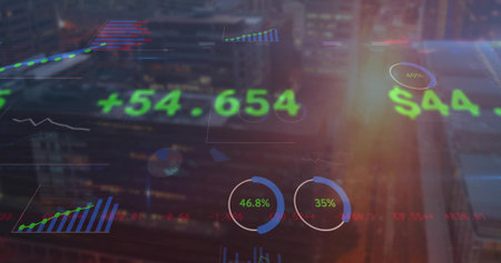 Financial data overlay floating in city skyline at dusk, with numeric values and charts. Financial,...