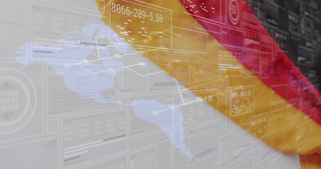 German flag draping diagonally over holographic map in data center, with server racks, data panels. Technology, digital, infrastructure, connectivity, cybersecurity, networking, futuristicの写真素材